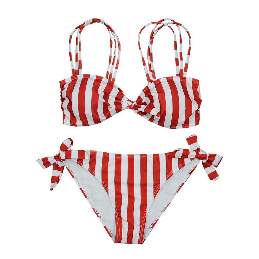 Onefa Womens Swimming Stripe Print Swimsuit Swimwear Push Up Beach Bikini Sets Soft Comfy Swimwear 
